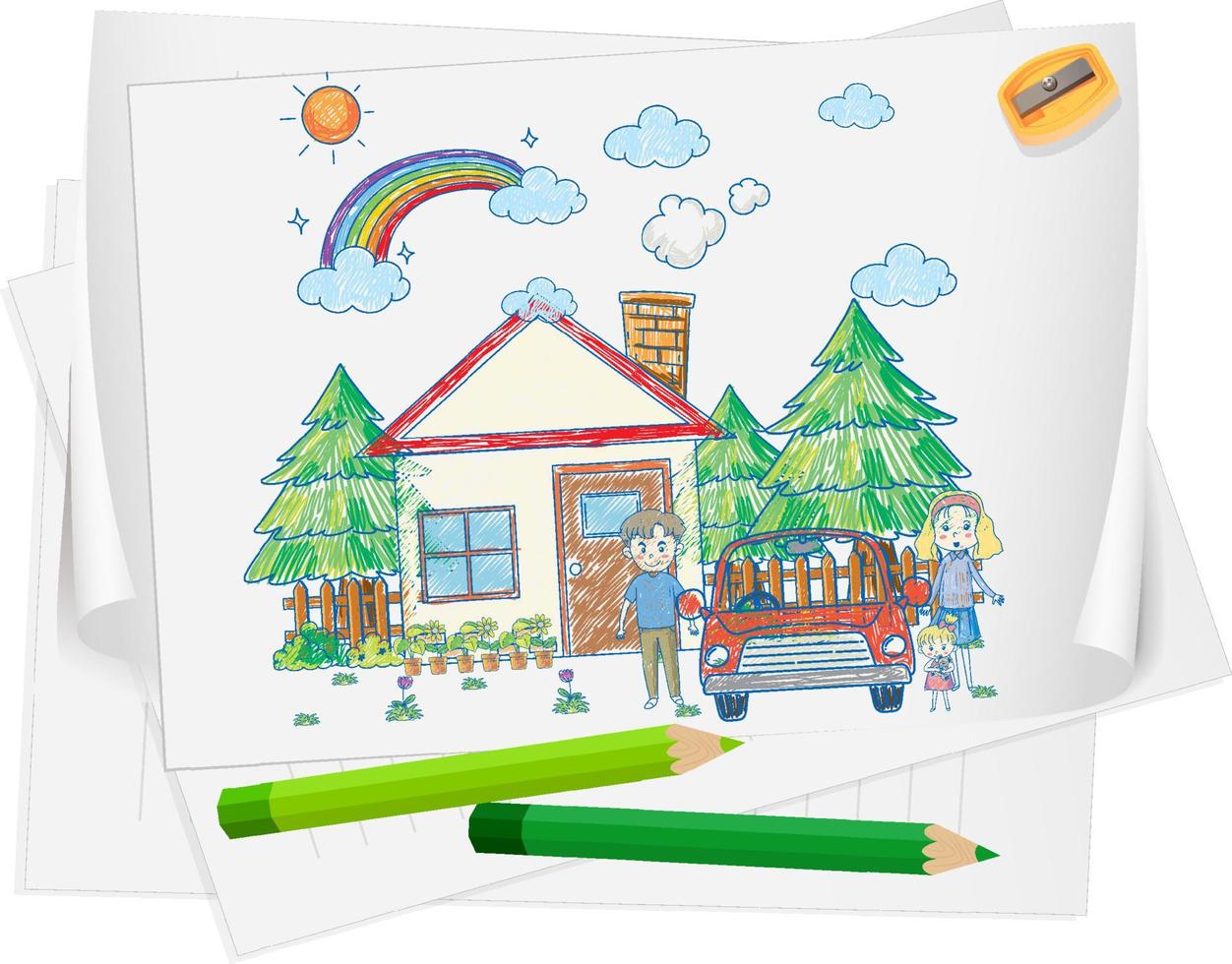 una carta con un disegno di schizzo di doodle con colori e matite colorate vettore