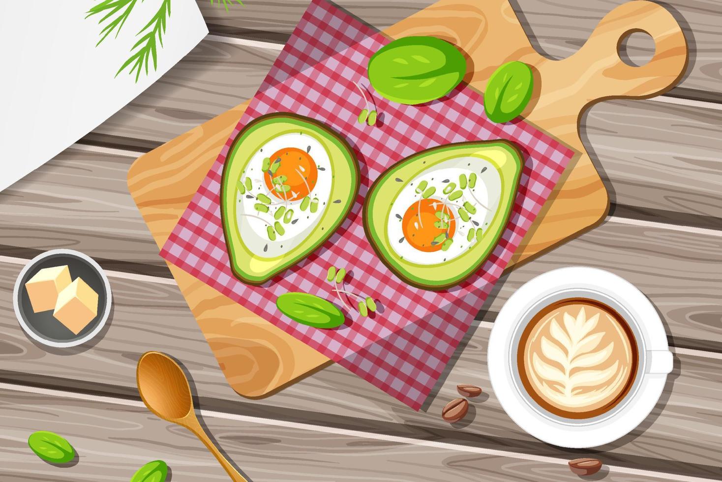 vista dall'alto cibo cremoso uovo di avocado cuocere con tovaglietta su piastra di legno su sfondo di legno vettore
