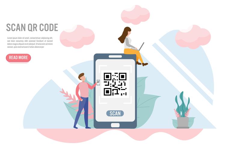 Scansiona il codice QR. Concetti di pagamento con carattere. Design piatto creativo per banner web vettore
