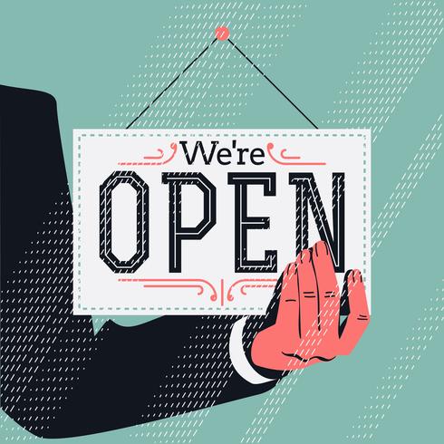 Mano con We&#39;re Open Sign vettore