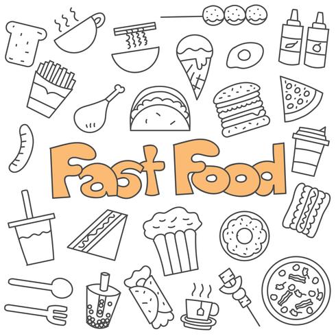 Doodle disegnato a mano di set di fast food vettore