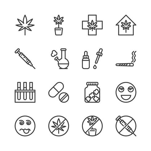 Set di icone di cannabis. Illustrazione di vettore