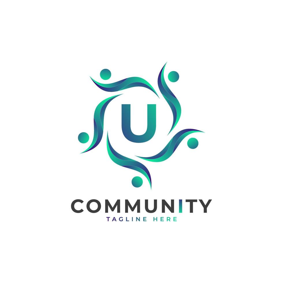 lettera iniziale della comunità u che collega il logo delle persone. forma geometrica colorata. elemento del modello di progettazione logo vettoriale piatto.