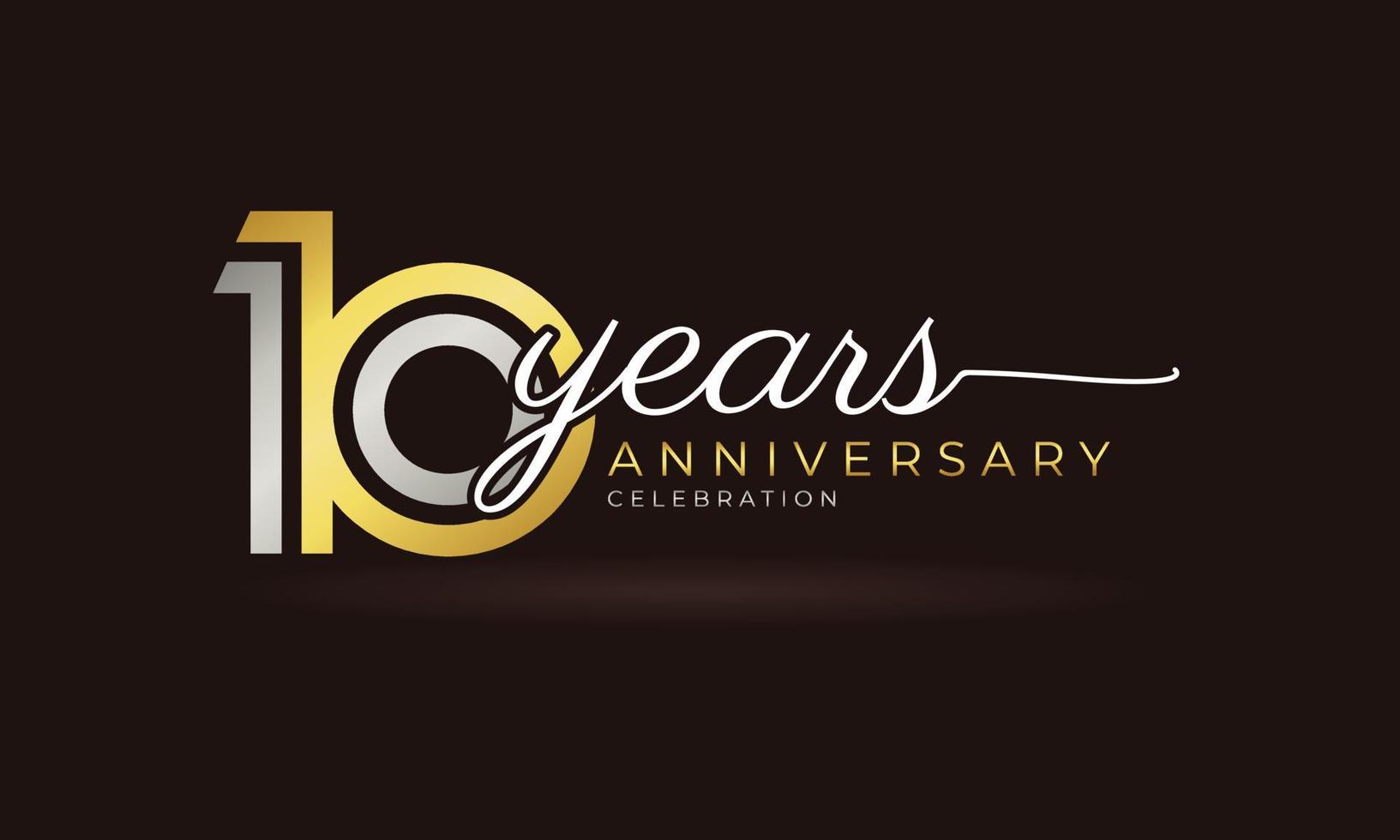 Logotipo di celebrazione dell'anniversario di 10 anni con linea multipla collegata colore argento e dorato per eventi celebrativi, matrimoni, biglietti di auguri e inviti isolati su sfondo scuro vettore