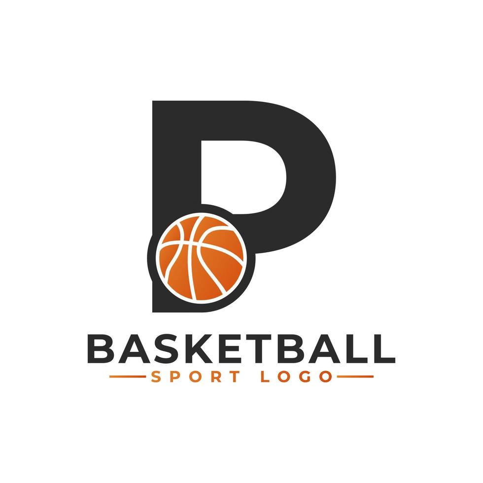 lettera p con logo design basket ball. elementi del modello di progettazione vettoriale per la squadra sportiva o l'identità aziendale.