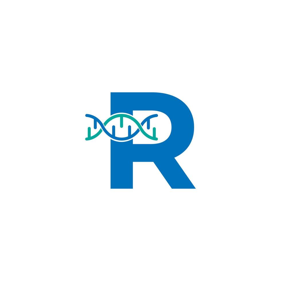 elemento del modello di progettazione del logo dell'icona del dna genetico della lettera iniziale r. illustrazione biologica vettore