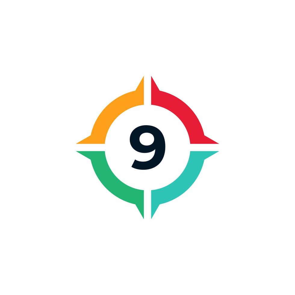 numero colorato 9 all'interno dell'elemento del modello di progettazione del logo della bussola vettore