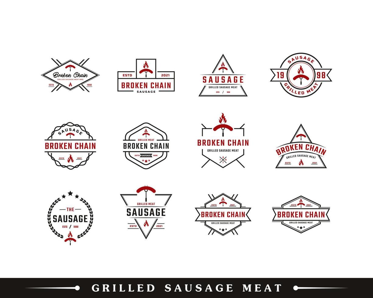 set di badge etichetta retrò vintage classico per ispirazione logo barbecue barbecue carne salsiccia alla griglia vettore