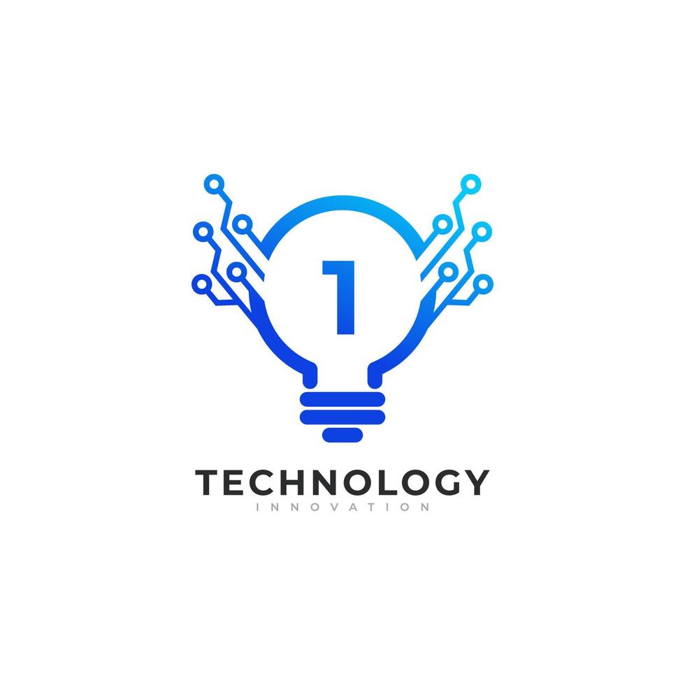 numero 1 all'interno dell'elemento del modello di progettazione del logo dell'innovazione della tecnologia della lampadina vettore