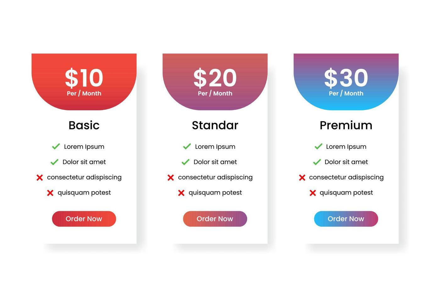 set di listino prezzi web con vettore di progettazione dell'interfaccia utente premium di colore sfumato diverso