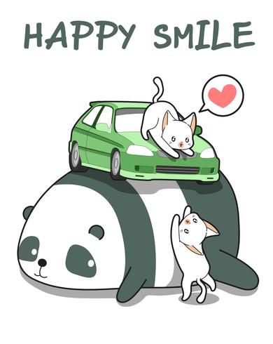 Gatti kawaii con auto sul panda gigante vettore