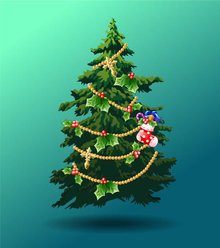 Albero di Natale decorato su sfondo verde blu. vettore