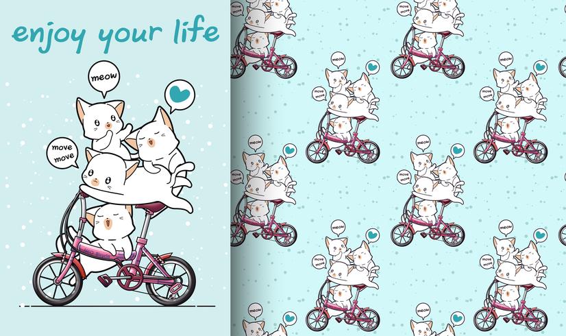 Il gatto kawaii senza cuciture sta guidando una bicicletta con il modello degli amici vettore