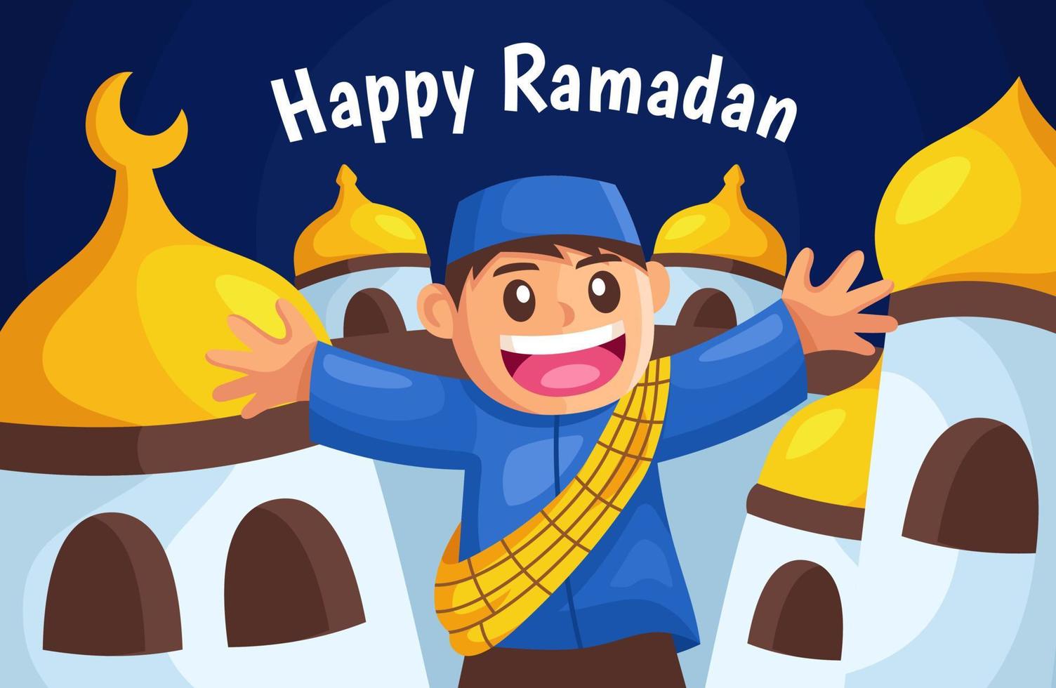 felice ragazzo musulmano che celebra l'illustrazione del ramadan kareem vettore