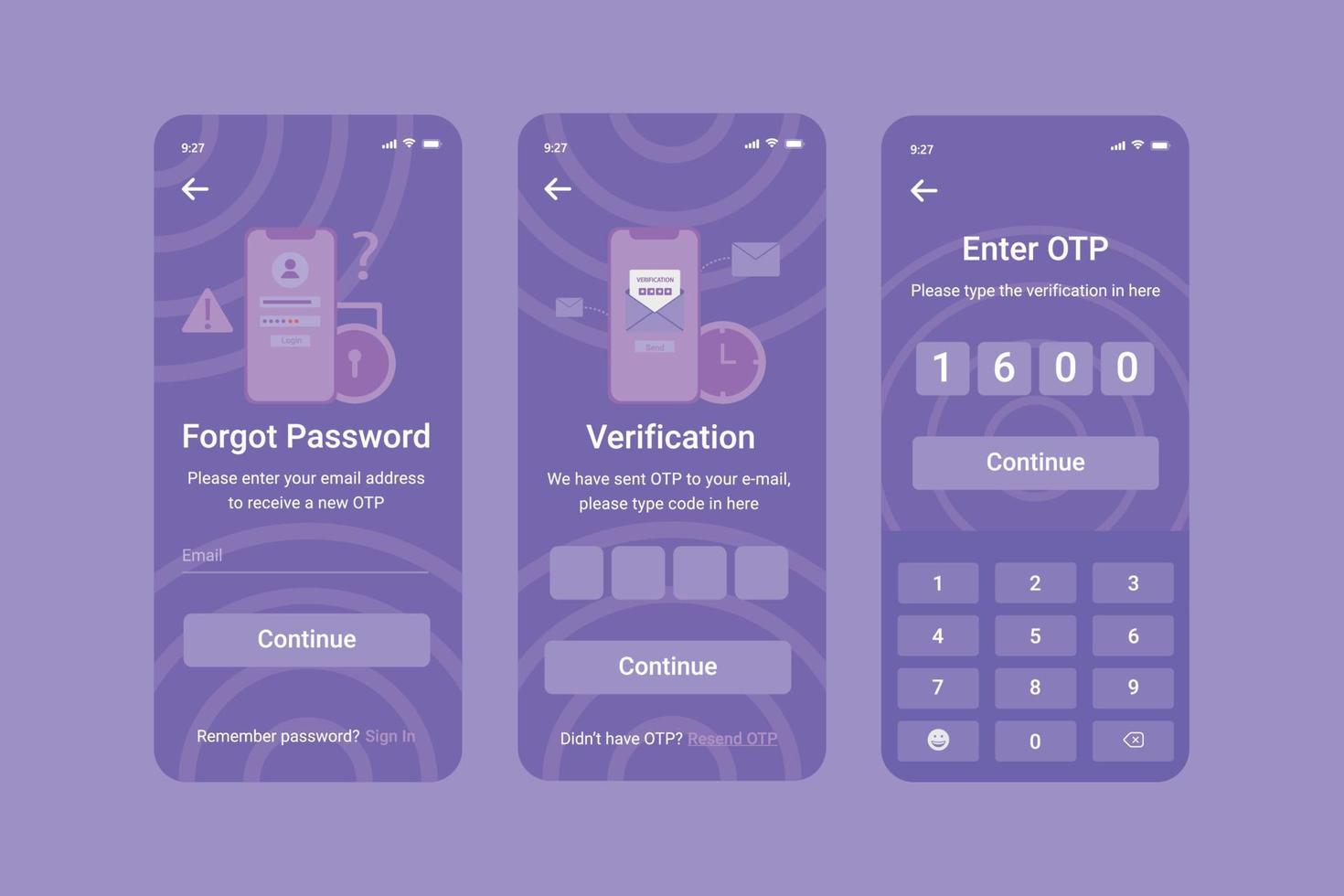 schermata dell'interfaccia utente dimentica password, verifica, otp per l'app mobile vettore gratuito