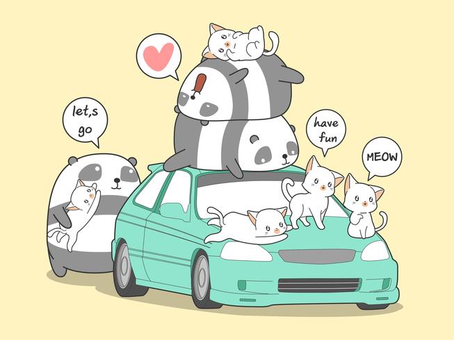 Panda e gatti Kawaii con auto in vacanza. vettore