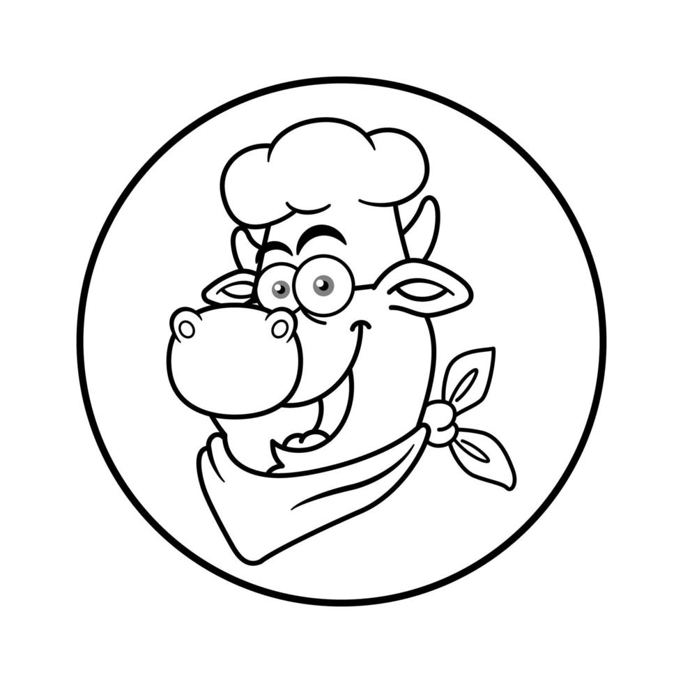 logo della mascotte del viso dello chef della mucca del fumetto in bianco e nero vettore