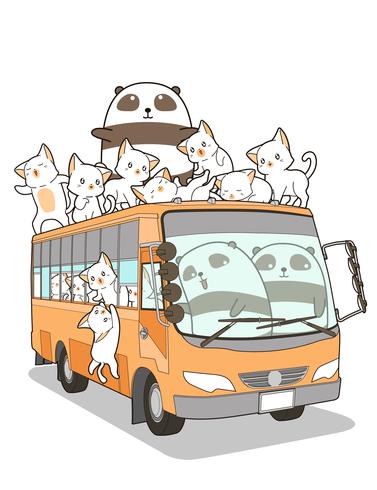 Simpatici gatti e panda e autobus in stile cartoon. vettore