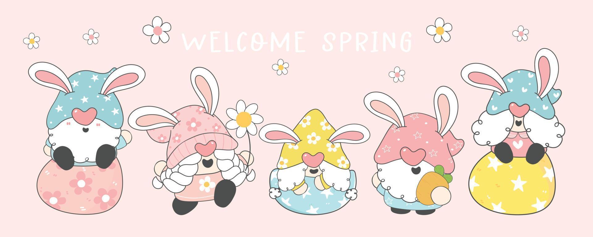 buona pasqua saluto, gruppo di cinque simpatici gnomi felici orecchie da coniglio pastello, benvenuta primavera, elfo cartone animato disegno contorno vettore, buone feste banner vettore
