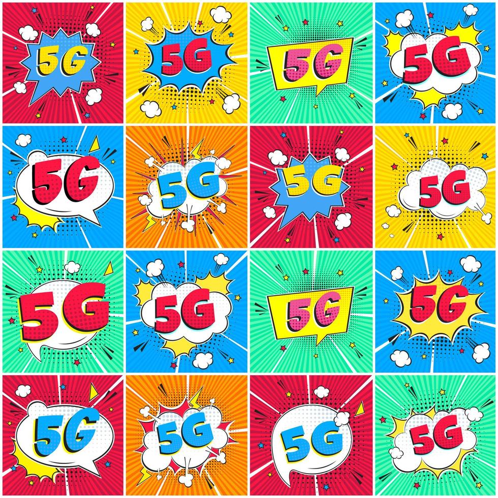 5g nuova connessione internet wireless connessione wifi fumetto stile fumetto testo esclamativo 5g design piatto stile illustrazione vettoriale isolato su raggi sfondo impostato. nuova icona del segno di Internet mobile.