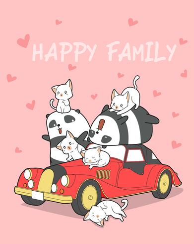 Famiglia di animali e auto rossa in stile cartoon. vettore