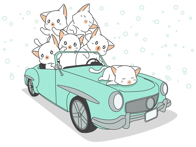 Disegnati gatti kawaii in auto blu. vettore