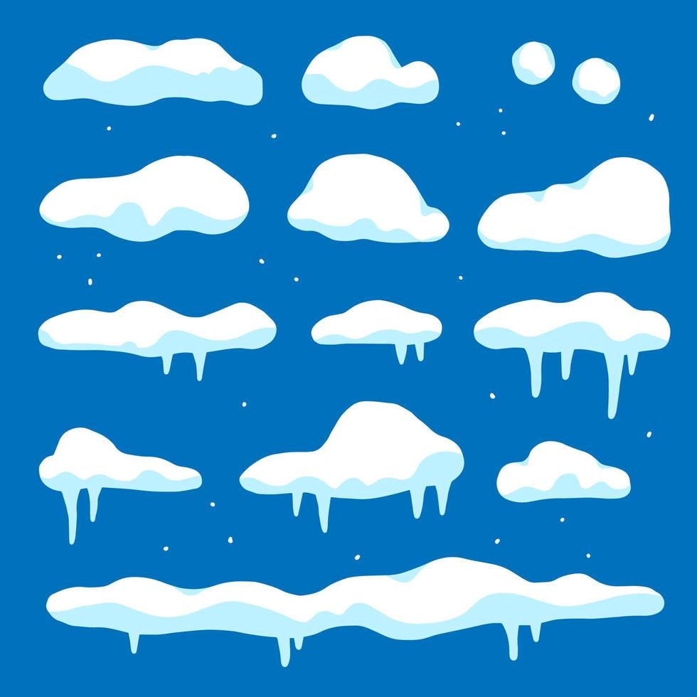 una serie di cappucci da neve, cumuli, palle di neve. elemento di arredo invernale. elementi di neve per il design. illustrazione vettoriale isolato su sfondo.
