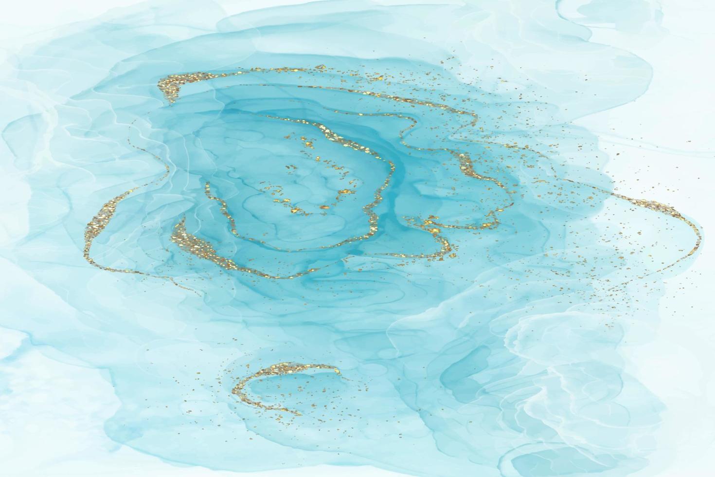 sfondo acquerello liquido blu con macchie dorate. effetto disegno con inchiostro alcolico in marmo turchese verde acqua. modello di progettazione illustrazione vettoriale per invito a nozze, menu, rsvp.