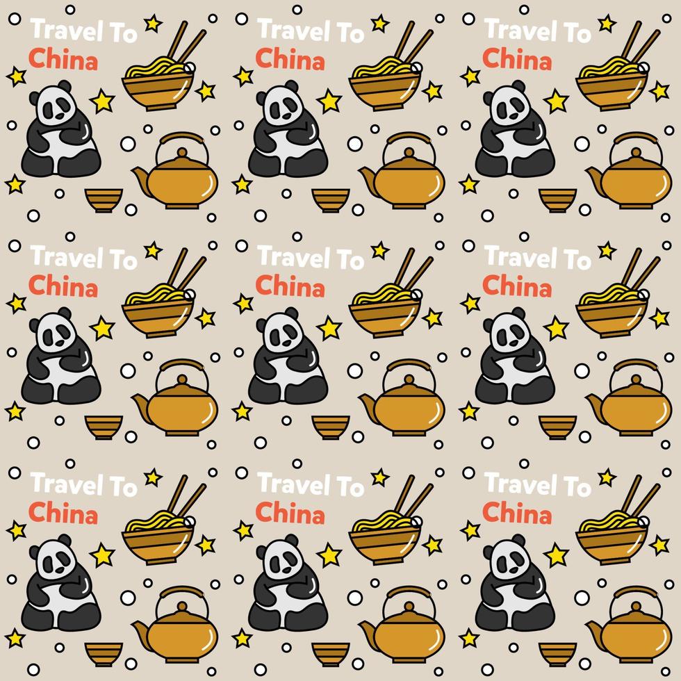 viaggio in cina doodle seamless pattern vector design. lanterna, panda e noodle sono icone identiche con la porcellana.