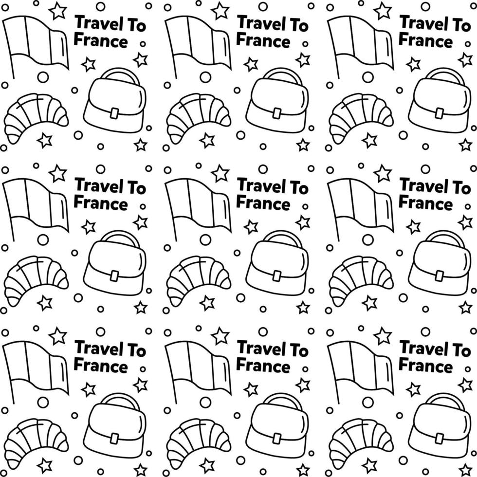 viaggio in francia doodle disegno vettoriale senza cuciture. vino, gallo, formaggio sono icone identiche alla Francia
