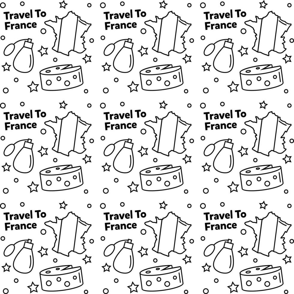 viaggio in francia doodle disegno vettoriale senza cuciture. vino, gallo, formaggio sono icone identiche alla Francia