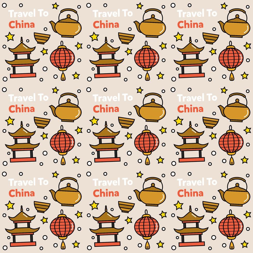 viaggio in cina doodle seamless pattern vector design. lanterna, panda e noodle sono un'icona identica alla porcellana.