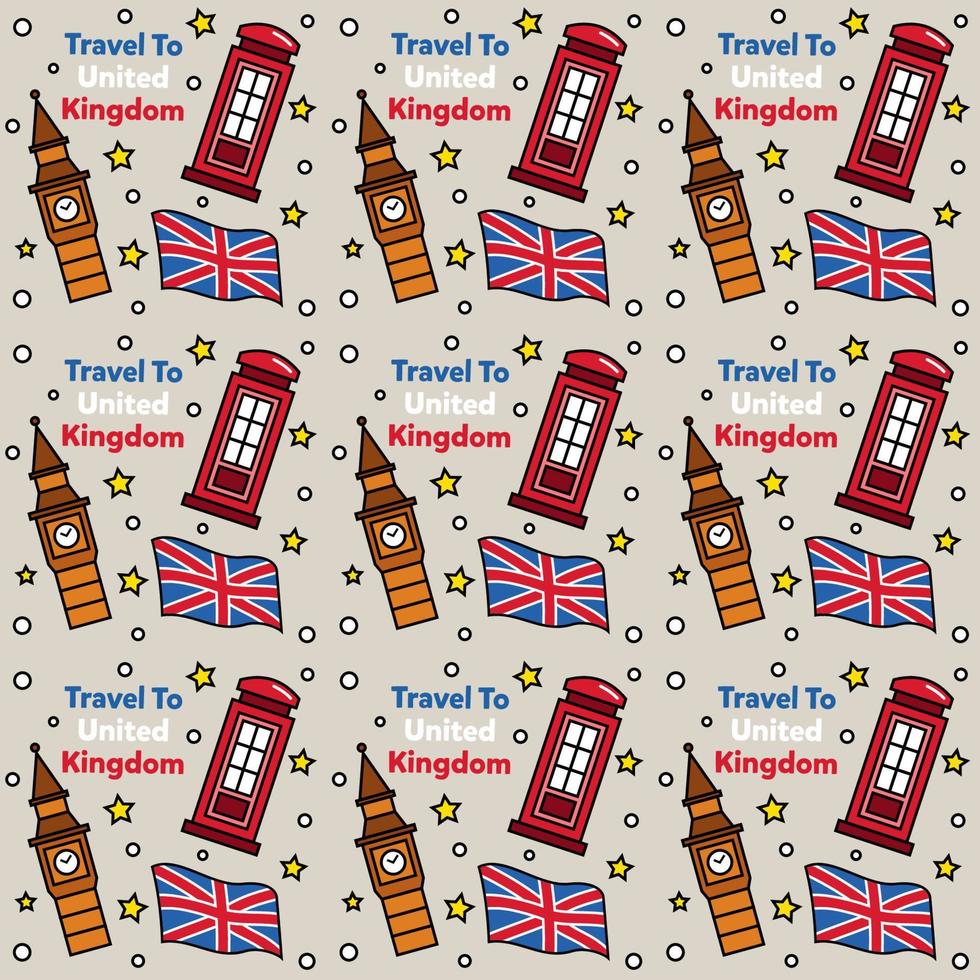 viaggio nel regno unito doodle seamless pattern vector design. bus, mappa e bandiera sono icone identiche al regno unito