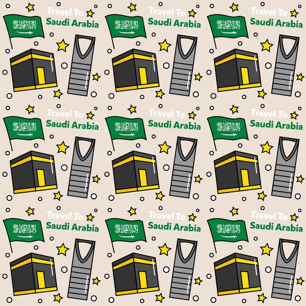 viaggio in Arabia Saudita doodle disegno vettoriale senza cuciture. cammello. ka'bah, la bandiera sono icone identiche con l'Arabia Saudita