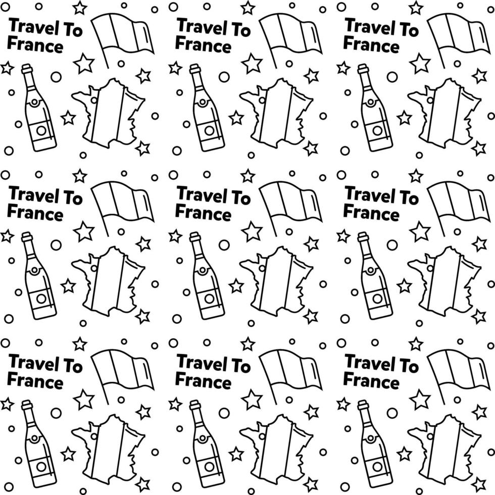 viaggio in francia doodle disegno vettoriale senza cuciture. vino, gallo, formaggio sono icone identiche alla Francia