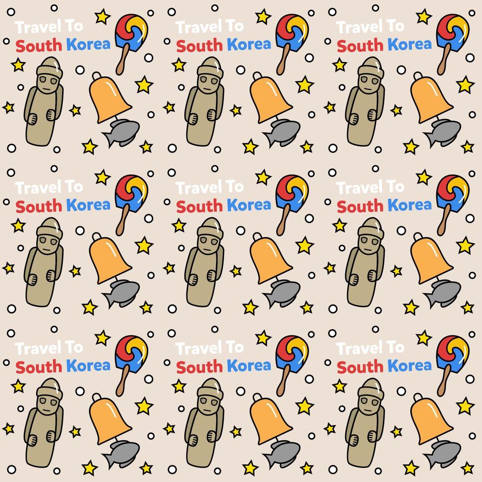 viaggiare in Corea del sud doodle disegno vettoriale senza cuciture. kimchi, mappa, icone della bandiera identiche alla Corea del sud