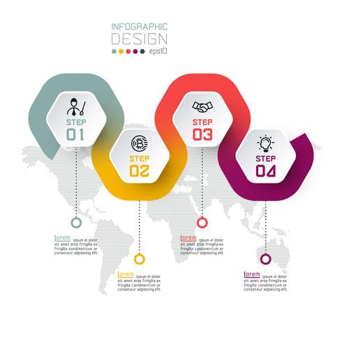 Etichetta esagono con infografica collegata a linee colorate. vettore