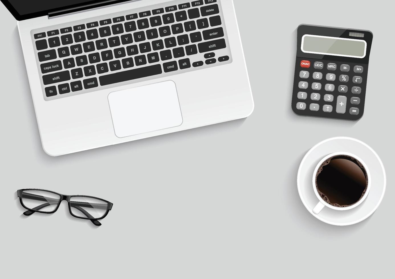scrivania da ufficio, tavolo da lavoro con laptop, occhiali, taccuino, matita, smartphone, caffè. illustrazione vettoriale piatta dello spazio di copia della vista dall'alto.