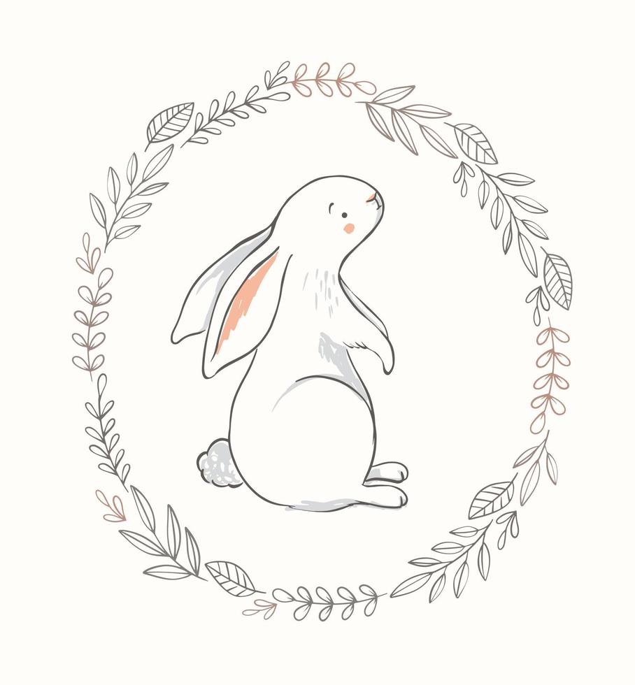 illustrazione di coniglietto carino con ghirlanda di primavera. personaggio del coniglio di vettore disegnato a mano per la scuola materna della neonata, le carte di pasqua, i manifesti.