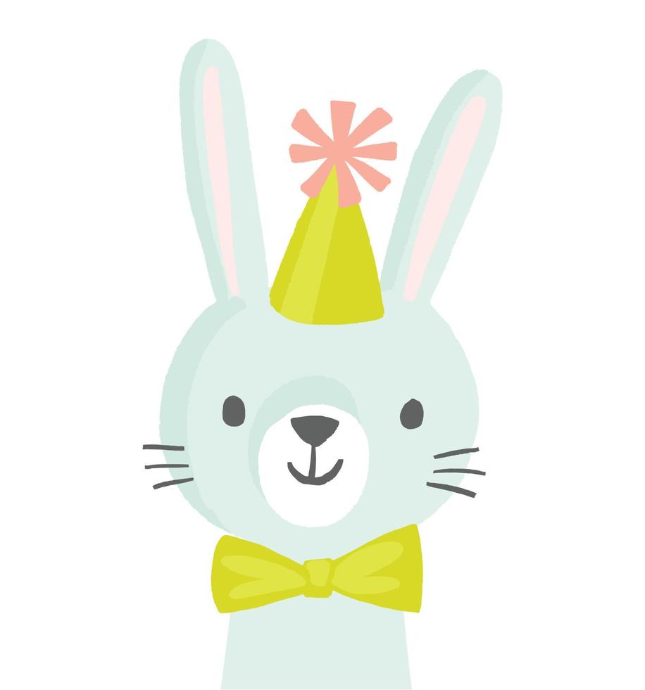 biglietto di auguri di compleanno simpatico coniglietto o invito a una festa. personaggio di coniglio sorridente in un cappello da festa con un papillon. baby shower, compleanno bambini. vettore