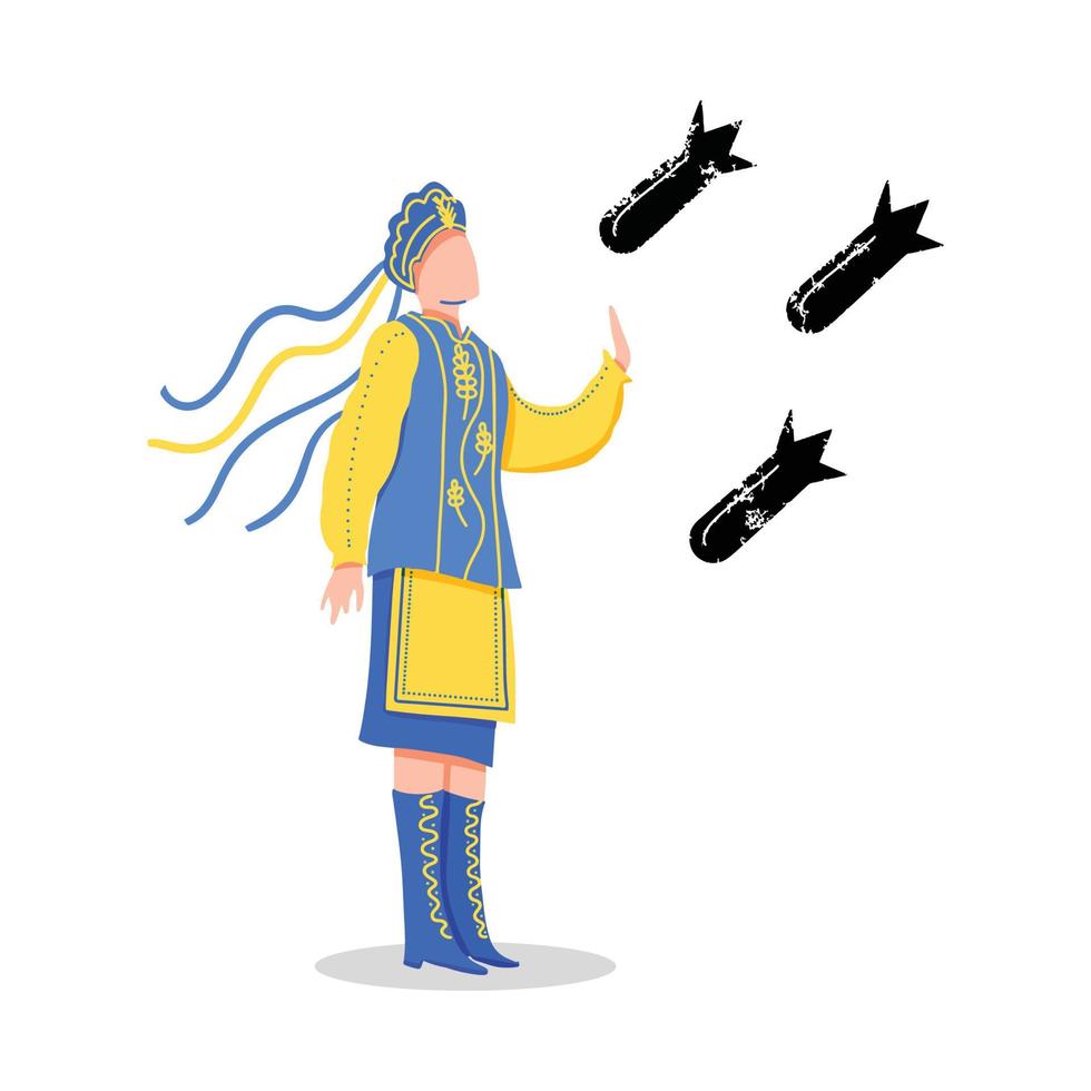 una ragazza ucraina in costume nazionale ferma le bombe. nessuna guerra in Ucraina vettore