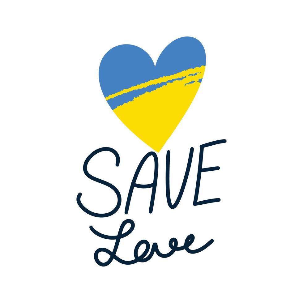 adesivi a forma di cuore nei colori della bandiera ucraina con la scritta save love vettore