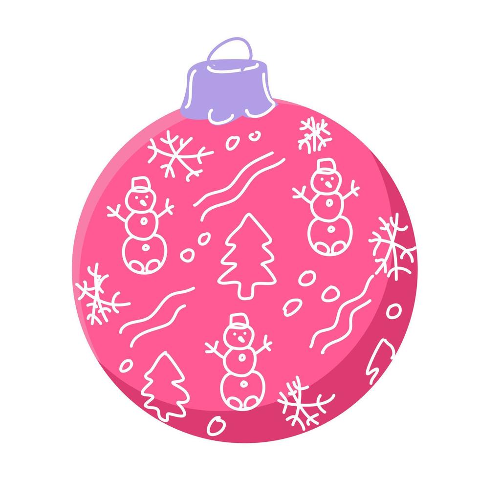 una palla di Natale rosa con pupazzi di neve e alberi di Natale. vettore