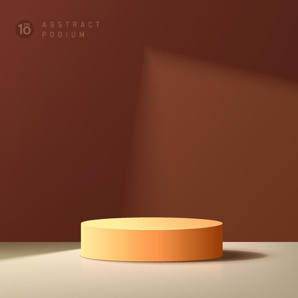 podio astratto della piattaforma del cilindro arancione scuro. illuminazione delle finestre. scena di parete minima di colore marrone e beige. piedistallo geometrico con ombra. forma 3d di rendering vettoriale per la presentazione del prodotto.