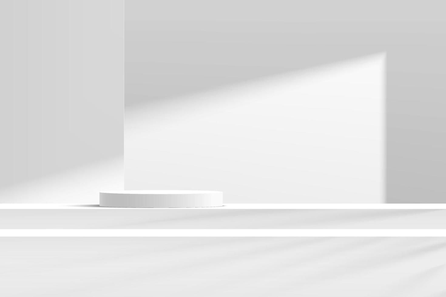 podio del piedistallo del cilindro bianco e grigio astratto 3d sul tavolo dei gradini con la scena della parete bianca in ombra. moderna piattaforma geometrica di rendering vettoriale per la presentazione di prodotti cosmetici.