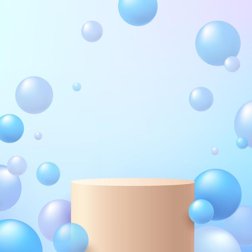 piedistallo cilindro beige astratto 3d o podio con sfera ologramma blu o bolla che vola in aria. scena minima blu pastello per la presentazione del prodotto. piattaforma di rendering geometrico. vettore