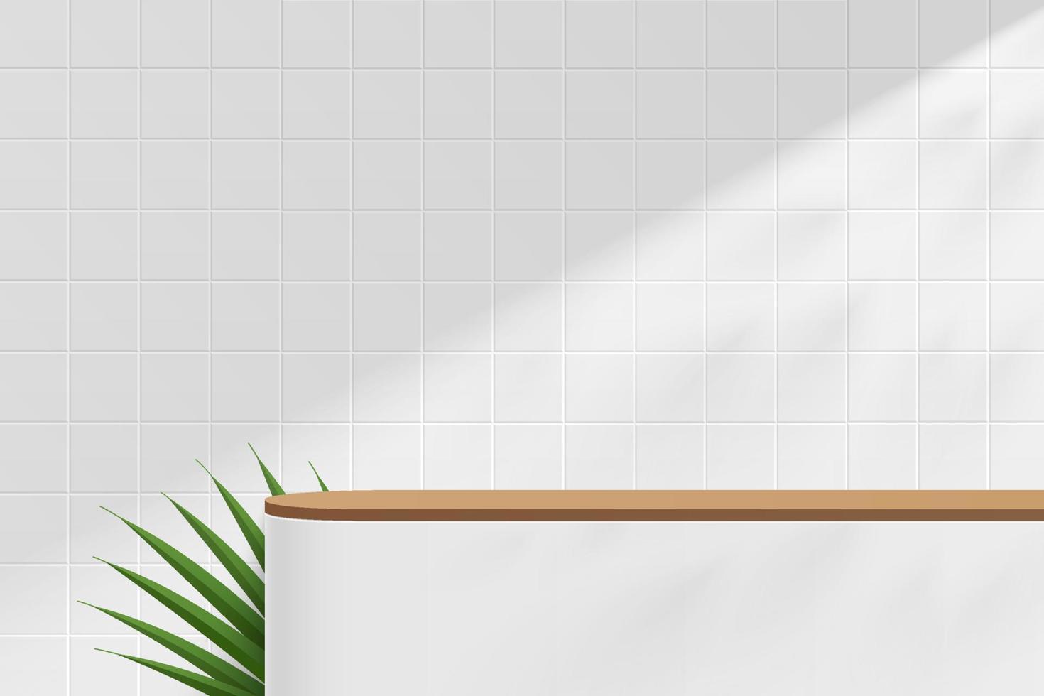 podio o tavolo con piedistallo rotondo bianco, marrone astratto 3d con foglia verde su scena di parete di piastrelle quadrate bianche. rendering vettoriale design geometrico minimo della piattaforma in ombra per la presentazione del prodotto