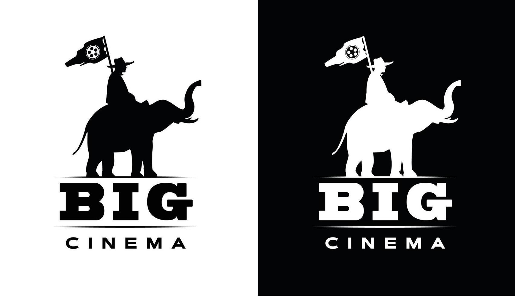 bobina di film con silhouette di guardia dell'elefante, guardia della natura che cavalca un elefante che porta striscione di guerra per il design del logo produzione cinematografica film sulla natura vettore