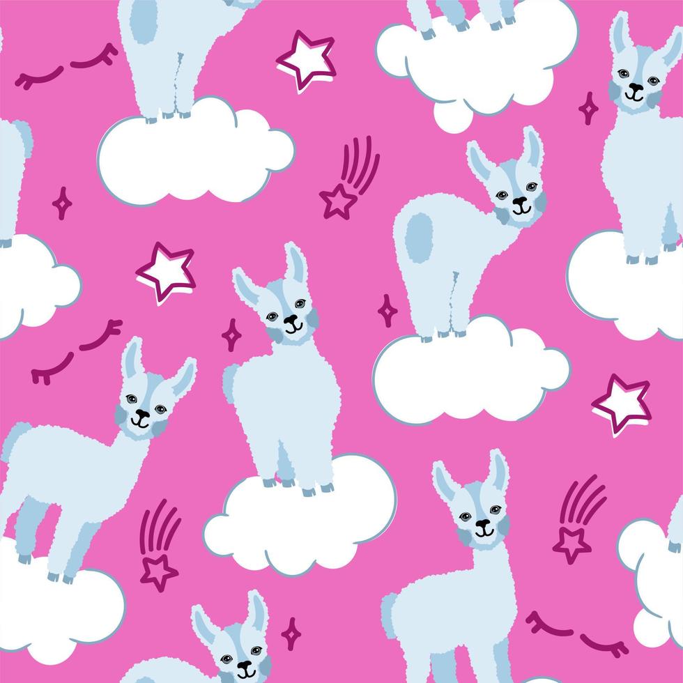 modello di lama di alpaca su sfondo rosa con nuvole e stelle. per la stampa su tessuti, souvenir e poster. illustrazione vettoriale. vettore