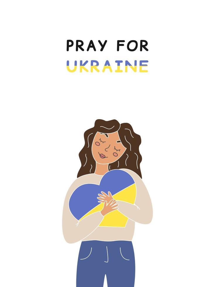 una donna abbraccia un cuore dipinto con i colori dell'ucraina. illustrazione vettoriale piatta in stile doodle.